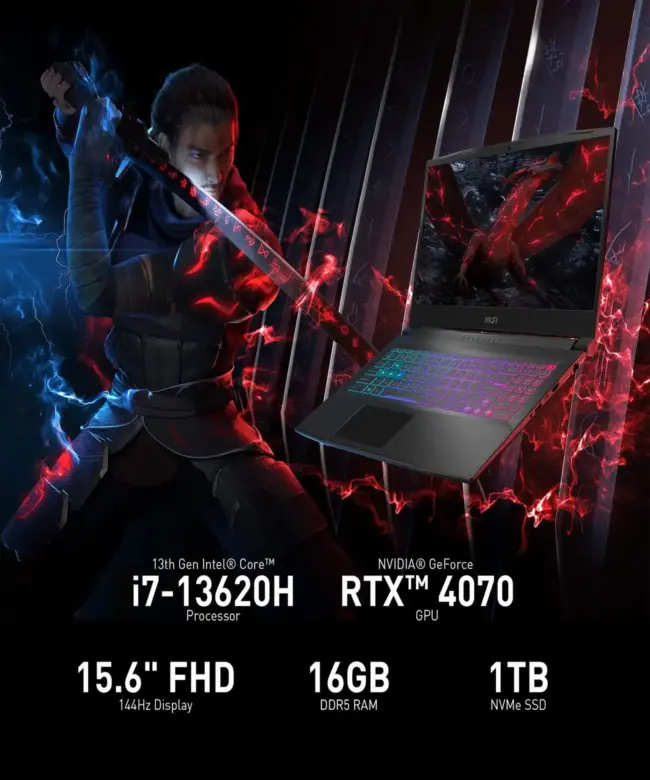 MSI Katana 15 B13VGK GAMING LAPTOP Intel® Core™ i7-13620H up to 4.9GHz Processor 16GB Ram 1TB SSD NVIDIA® GeForce RTX™ 4070 8GB GDDR6 Graphics 15.6" FHD 144Hz, IPS-Level Black Windows 11 Home